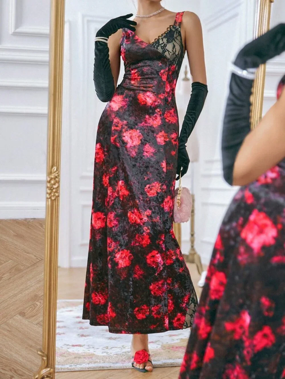 Black Elegant Women's Velvet Printed Oblique Shoulder Lace Patchwork Midi Dress